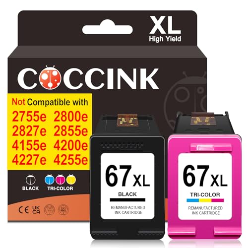 COCCINK 67XL for HP Ink 67 XL HP Envy 6055e Ink Cartridges Envy 6000 6052e 6065e 6058 6400 6455e 6458e Printers Remanufactured Printer Ink 67 HP67 67XL Ink Cartridges Black/Color Combo Pack