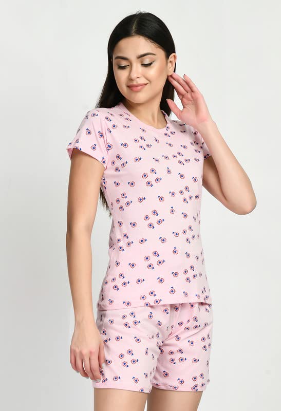 Image of IndiWeaves Cotton Printed Tops and Shorts Set Night Suit for Women (Pack of 3) Pink::Caret::Blue