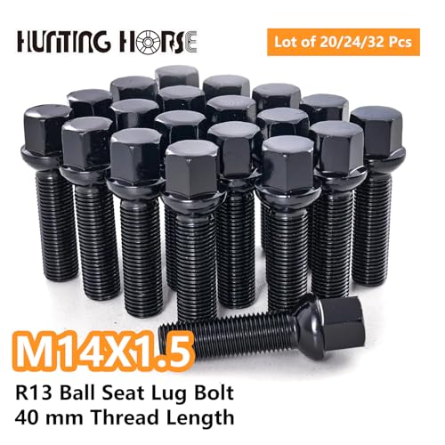 Image of Set of 10 M14X1.5 Ball Seat Lug Bolts with 40mm Shank Length, Black