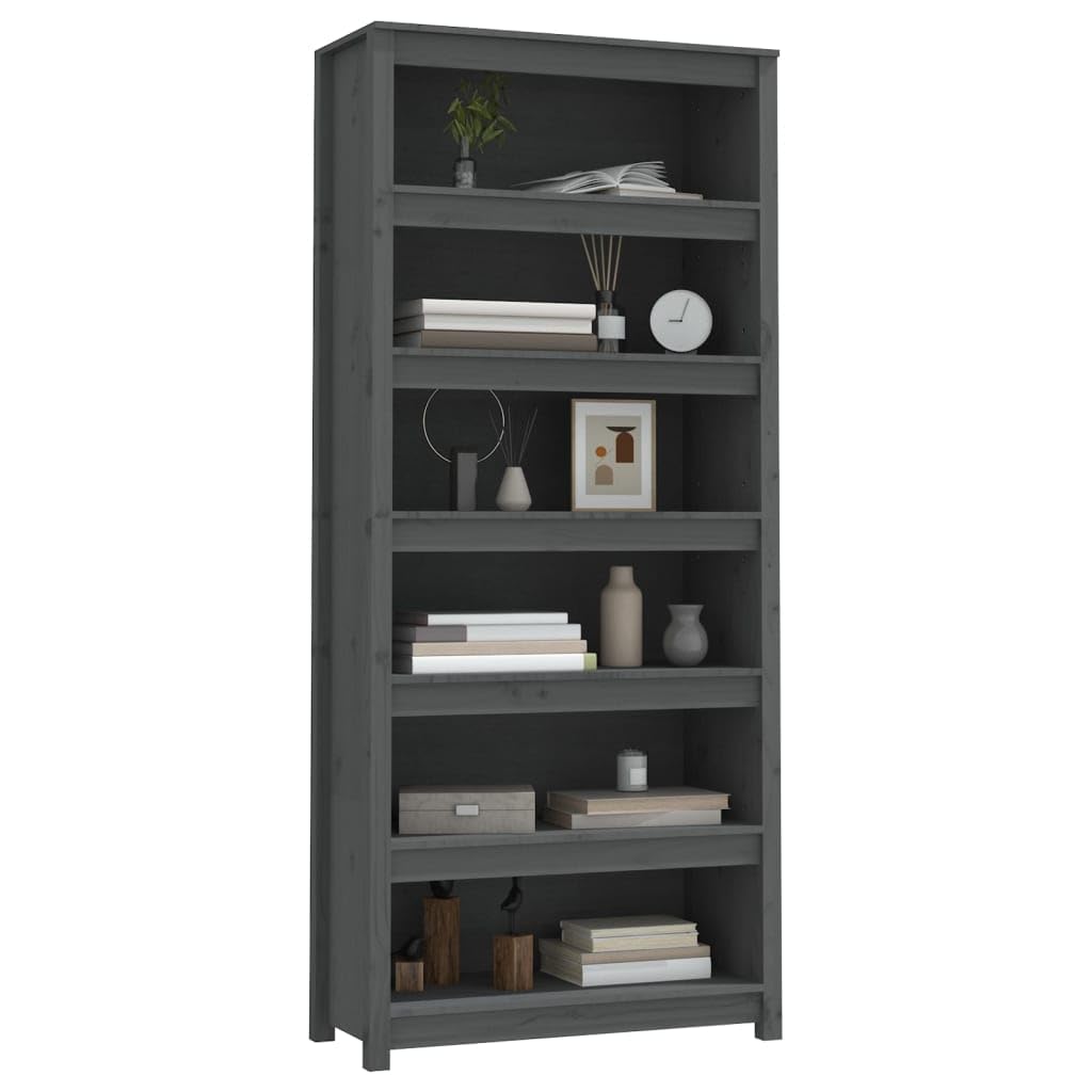 Hothingwell Biblioteka Litego Drewno Sosnowe 80x35x183 cm Szary | Półka na książki i czasopisma, 5 przestronnych półek, montaż ścienny w zestawie, łatwy montaż