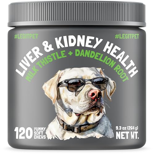 Liver & Kidney Support for Dogs Detox Natural Supplement with Milk Thistle Dandelion Root Turmeric Curcumin Hepatic Support Treats for Canine Liver Function, Immunity & Digestion 120 Soft Chews