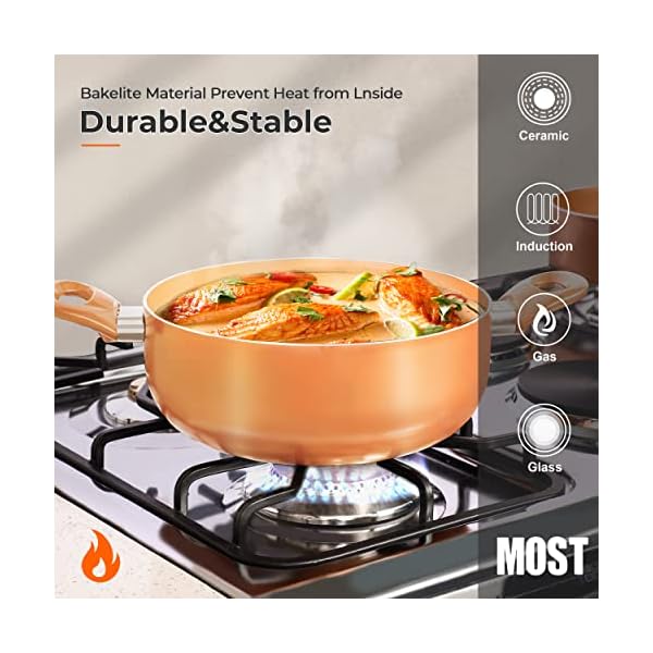 Fruiteam 10pcs cookware set ceramic nonstick soup potmilk potfrying pans set copper aluminum pan with lid induction gas compatible 1 year warranty mothers day gifts for wife  urban country home decor