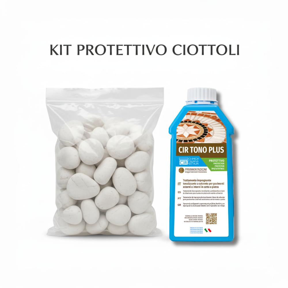 FORTUNATO Kit Ciottoli Decorativi Bianco Carrara con CIR TONO PLUS, 25/40 mm, Effetto Bagnato Brillante (Misura : 25/40, Formato : 25 kg + 1 L)