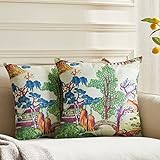 BLESFEST Pack of 2, Chinoiserie Pillow Cover 20 x 20 Inch Asian Scenic Coral and Green Throw Pillow Covers Linen Farmhouse Tree Leaves Pillow Case Cushion Covers for Sofa Couch Living Room