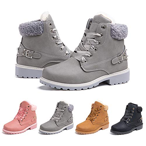 Botas Mujer Invierno Nieve de Cuero PU Zapatos Planas Calentar Piel Forro Cordones Botas Senderismo Snow Boots Outdoor Gris 42 EU