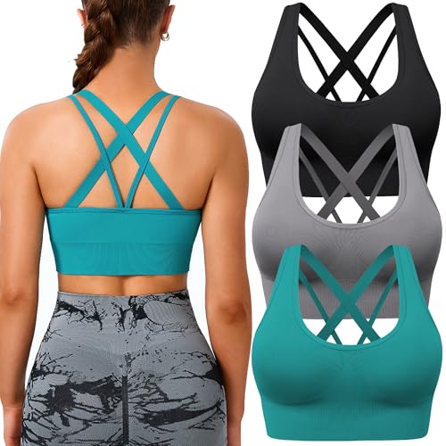Image of BLUELILY Sports Bra for Women Medium Support Criss Cross Strappy Bras Seamless Padded High Impact Yoga Athletic Exercise Bras