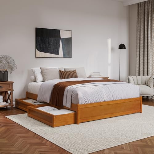 AFI, Barcelona Queen Panel Platform Bed with Storage Drawers, Light Toffee