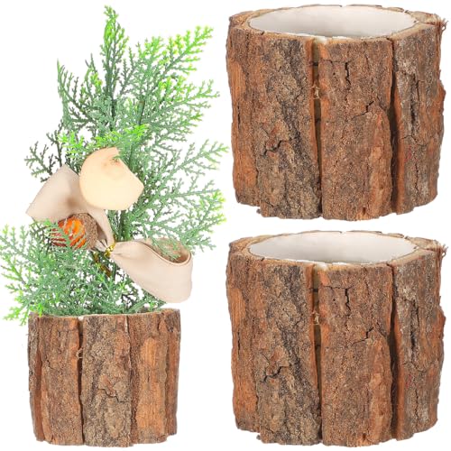 Image of Housoutil Wooden Vase for Centerpieces, 3 Pack Wood Flower Vase Rustic Tree Stump Planter Pots, Wooden Bark Flower Bucket for Wedding, Farmhouse Christmas Table Decor, Round Bark Stump Pots （9cm*8cm）