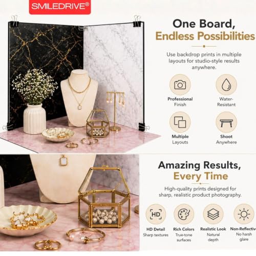 Image of SMILEDRIVE Backdrop with Stand Kit | Professional Tabletop Photography Set | 8 Styles (4 double-sided Water Resistant Paper sheets) | Silver Reflector & Black Diffuser Included