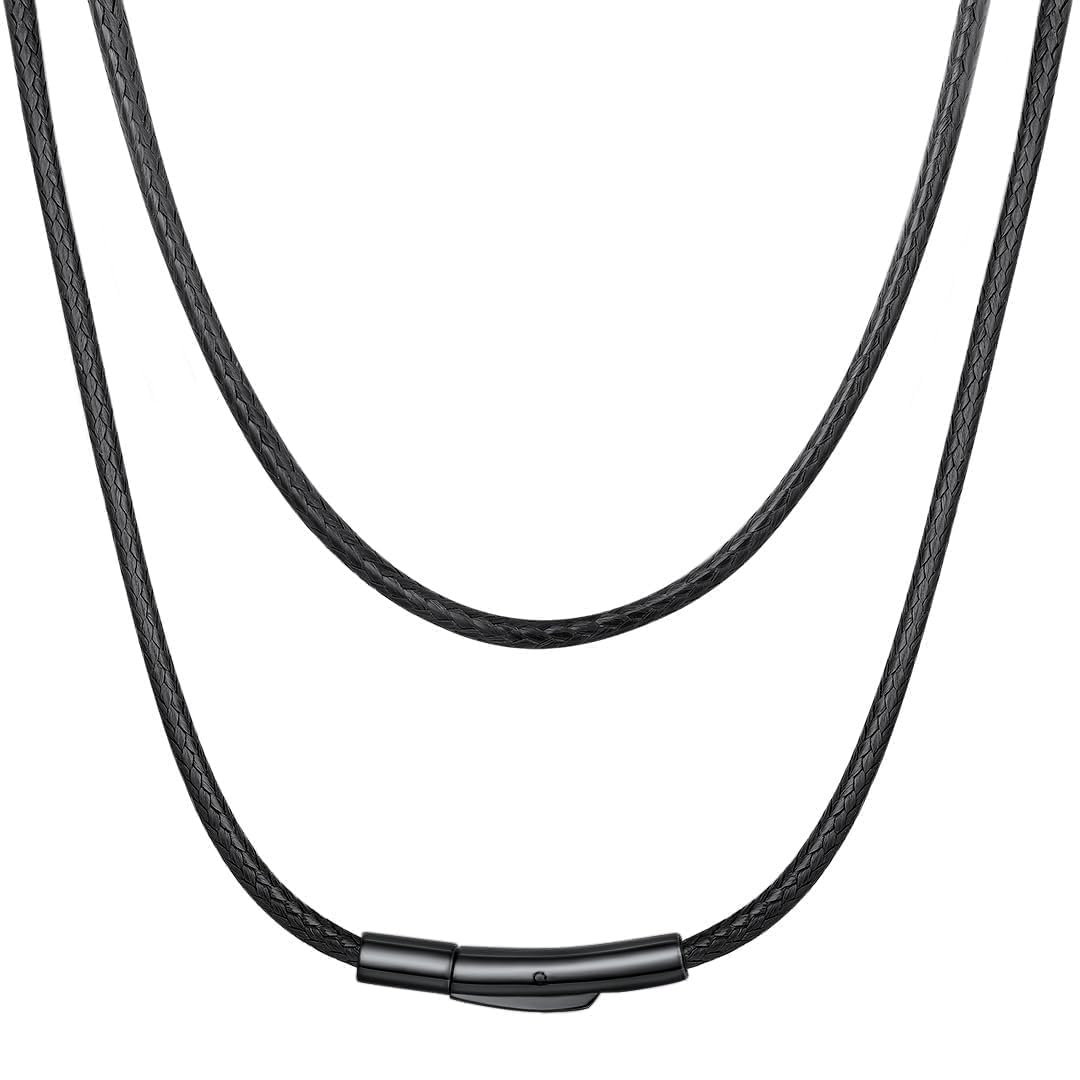 Waterproof Braided Black Leather Necklace Cord with Clasp, Men Women DIY Rope Chain for Pendant, Customize Available, 1.5/2/3mm Width, 16/18/20/22/24/26/28/30" Length (with Gift Box)