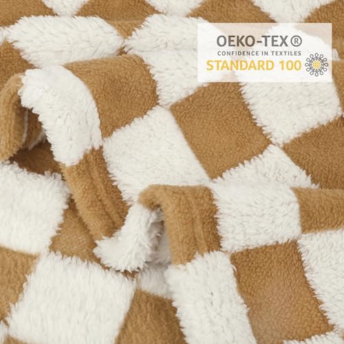Image of HOMRITAR Khaki Checkerboard Baby Blanket for Boys Girls Fluffy Fleece
