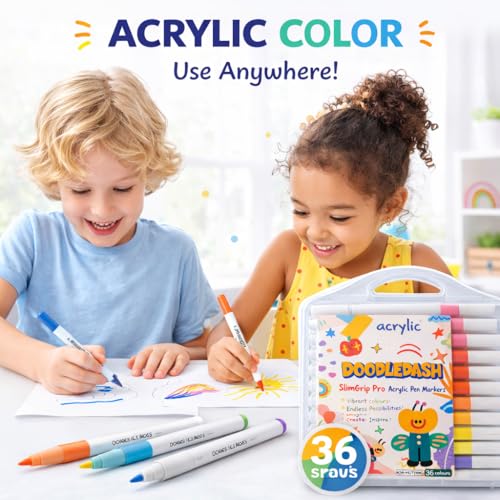 Image of Professional Acrylic Paint Markers Set, 36 Vibrant Colours, Brush Tip, Water-Based, Non-Toxic, for Rock Painting, Canvas, Glass, Wood, School Projects, with Portable Storage Case
