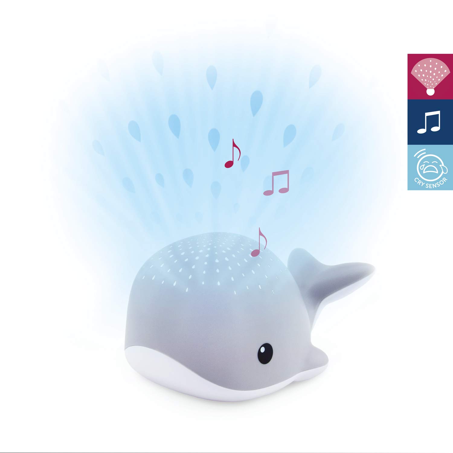 ZAZU Wally The Whale Projecteur de lumière pour bébé avec mélodies apaisantes | battements de cœur, son de l'océan ou musique de salon | Volume variable | Capteur de cri | Arrêt automatique