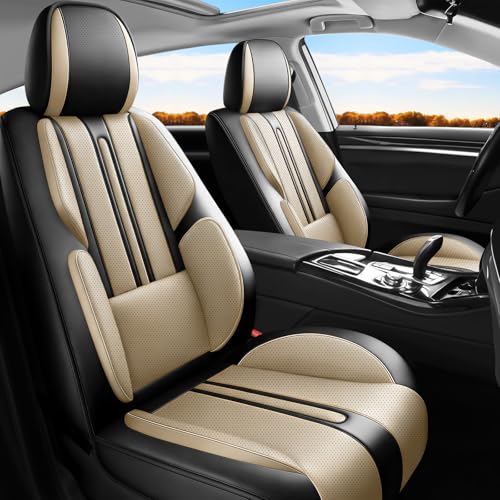 Image of Fit Canyon Car Seat Covers (Only Front 2 Seats) Compatible with GMC Canyon 2015-2024 2025 2026 - Full Coverage Breathable Leather,Airbag Compatible,Waterproof & All-Weather,Black-Beige