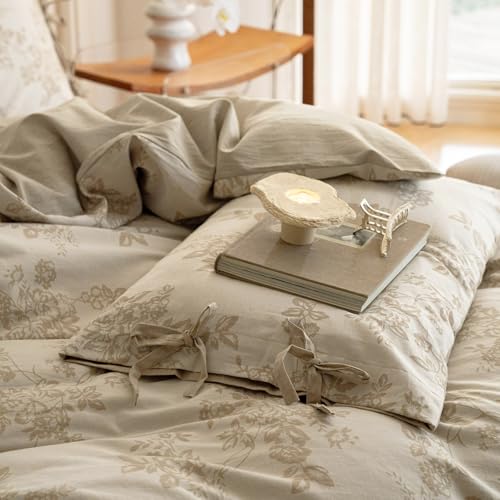 VM VOUGEMARKET Garden Floral Duvet Cover Queen,3 Pcs Yarn-Dyed Jacquard Textured Duvet Cover with Bowknot Retro Monet Style Bedding Set-90"x90",Khaki