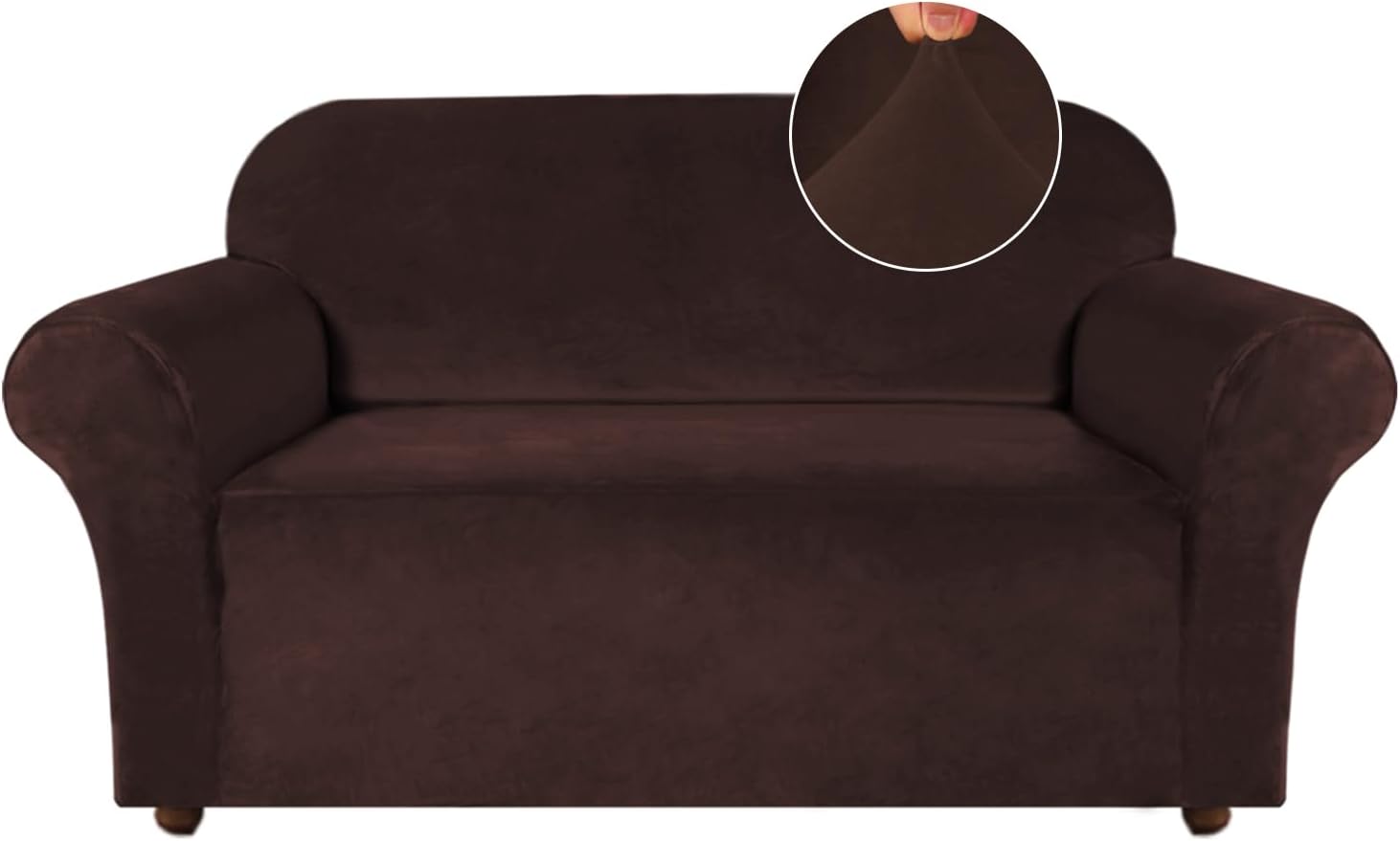 Turquoize Velvet Loveseat Covers Stretch Love Seat Couch Covers for 2 Cushion Couch Velvet Sofa Cover with Non Slip Elastic Bottom Furniture Cover Crafted from Soft Fabric (Loveseat, Brown)