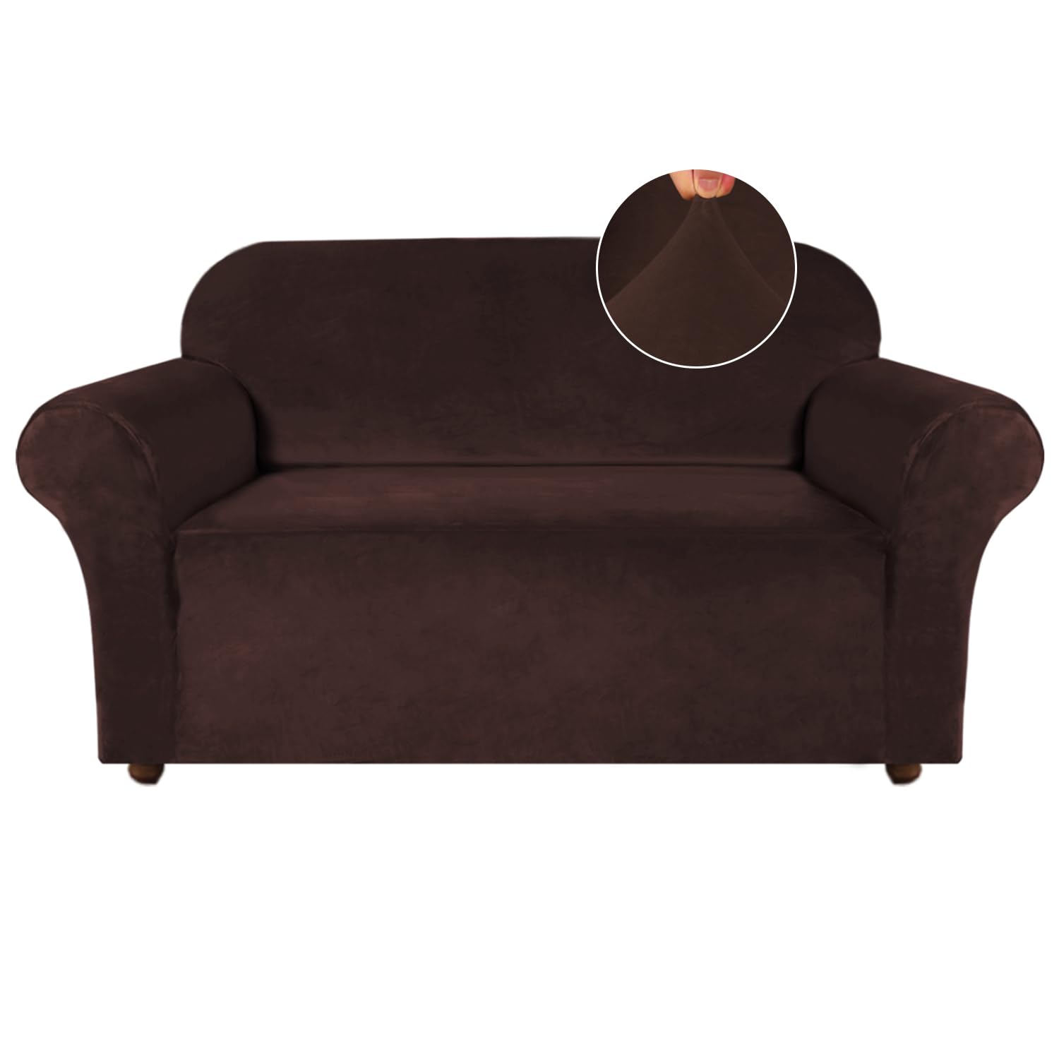 Turquoize Velvet Loveseat Covers Stretch Love Seat Couch Covers for 2 Cushion Couch Velvet Sofa Cover with Non Slip Elastic Bottom Furniture Cover Crafted from Soft Fabric (Loveseat, Brown)