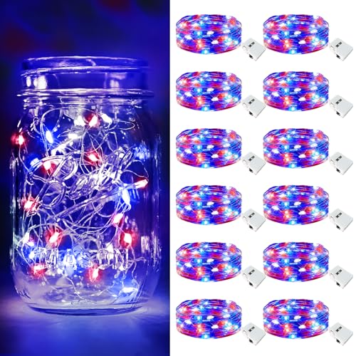 Image of btfarm 4th of July Patriotic Fairy Lights Battery Operated, 12 Pack Red White Blue 3 Modes Twinkle String Lights, 7ft 20 Led Independence Day Mini for Mason Jars Vases Table Centerpiece Decoration