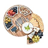 Large Cheese Cutting Board Charcuterie & Knife Set - Round Unique Swivel Bamboo Charcuterie Board...