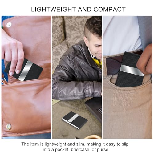 Business Card Holder, Stainless Steel Business Card Case for Men or Women, Pocket Business Card Holder with Magnetic Closure, Card Case with Weaving Pattern, PU Leather,Black2
