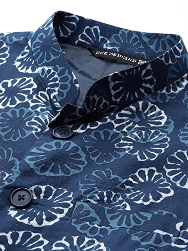 Image of See DesignsMen Blue & Beige Printed Pure Cotton Nehru jacket