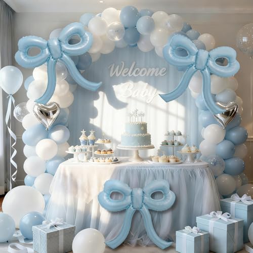 Image of 4 Pcs Baby Blue Bow Balloons Bow Birthday Party Decorations for Girl Women Bow Decor Blue Birthday Decorations Giant Dusty Blue Balloons for Baby Shower Bridal Bachelorette Party Supplies