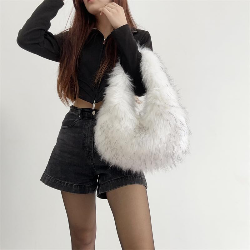 Image of Faux Fur Hobo Shoulder Bag for Women - Large Cute Fluffy Tote Plush Handbag Y2K Furry Purse