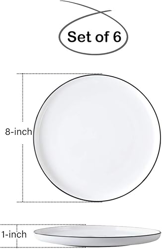 Miniatura 2 de BonNoces Platos de almuerzo de porcelana de 8 pulgadas, plato de postre blanco con bordes negros, platos redondos clásicos para carne, pasta y