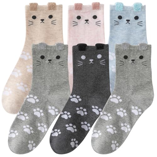 VEGCOO 6 Pares Calcetines para Mujer, Calcetines Originales de Gatos para Mujer Niña, Media de Algodón Transpirables, Cómodos y Cálidos, Regalo Personalizado para Navidad y Cumpleaños, Tallas 37-41