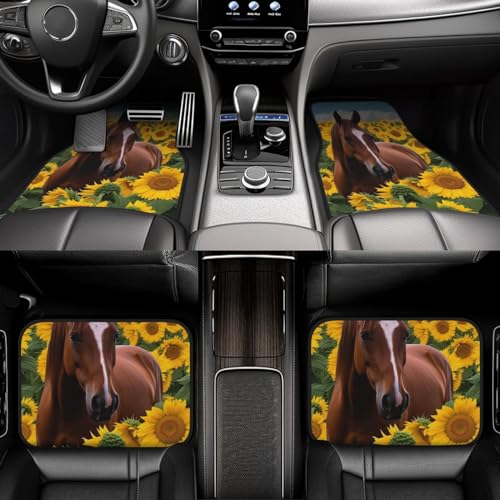Teppich-Fußmatten Set mit 4 Pferden und Sonnenblumen-Automatten, universelle wasserdichte...