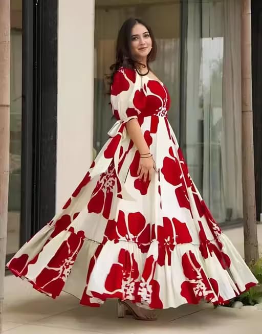 Image of Women Floral Printed Tiered Maxi Dress with Puff Sleeves, Empire Waist, Tie-Up Detail, Flared Long Dress for Casual Wear, Summer Outings, Vacation & Resort Wear - Causal Gown for Women