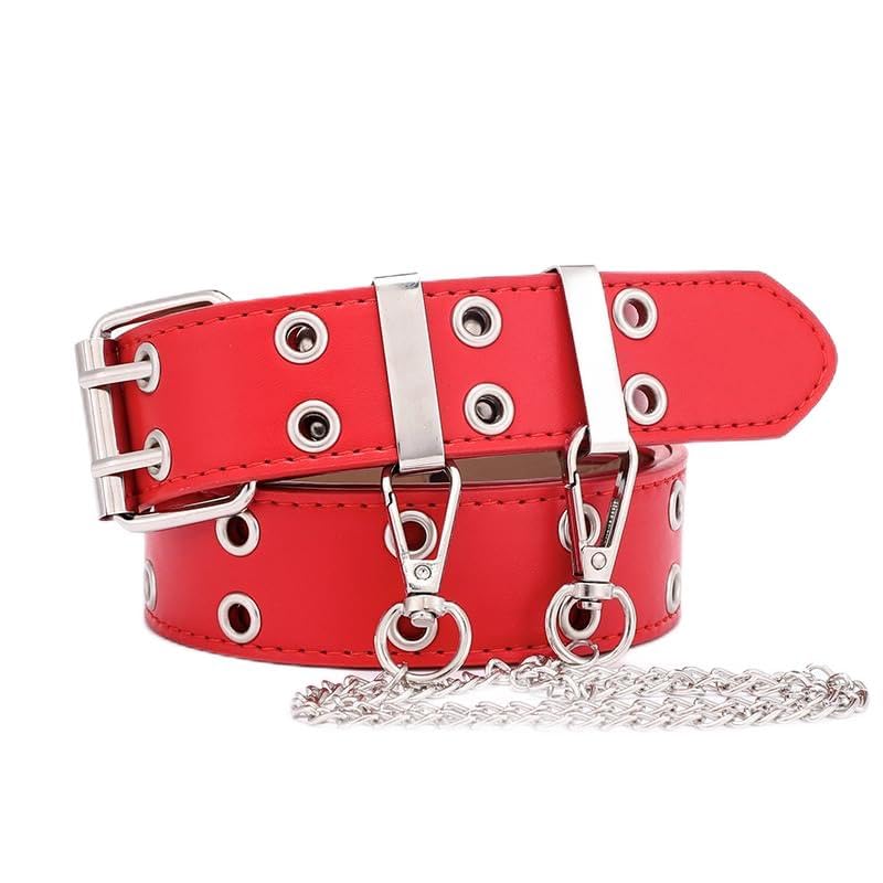 Gothic Belt Double Grommet Buckle Leather Belt for Mens Women Jeans Fashion Belt Punk Rock y2k with Chain