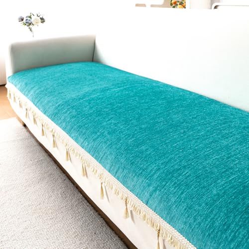 Image of HOKIPO 'Serenity Tassel' Chenille 3 Seater Sofa Cover with Tassel - Ocean Teal (IN-892-SBL)