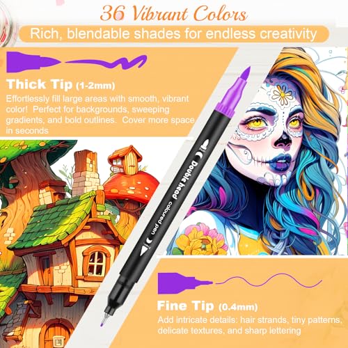 Image of 3Pcs Coloring Book for Women Relaxation, 72 Patterns Spiral Bound Mindfulness Coloring Books for Adult with 36 Dual-tip Markers, Dual Markers Brush Pens Stocking Stuffers, Anxiety Relief Gifts