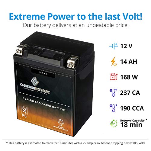 Image of CB CHROMEBATTERY 14A-A2 12V 190 CCA AGM - Maintenance-Free 15 Ah Battery for ATV, UTV, Motorcycle, Scooter & Jet Ski - T3 Terminal - Replaces YTX14AH-BS - Fits Polaris Sportsman 570, Honda Rancher