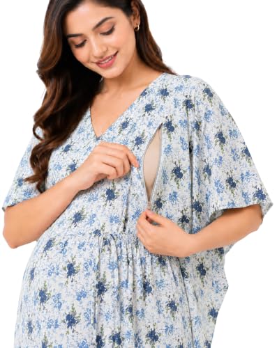 Image of Noty Women's- Kaftan | Maxi | Maternity | Feeding | Delivery Gown- Cotton Fabric- V Neck | Floral Print | 2 Pockets | Midi