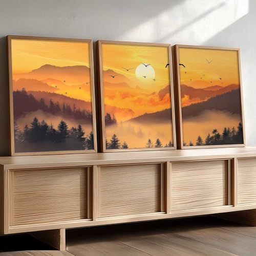 Image of kotart Big Aesthetic Sunset View Wall Art Paintings | Mountains Landscape Framed Painting | Vastu Frames for Living Room Bedroom Wall Decor Set Of 3 (13X17 inch)
