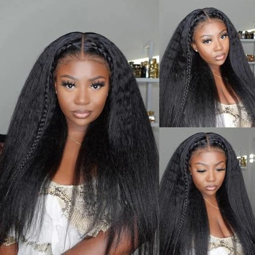 Image of 4x4 Kinky Straight Human Hair Wig 180% Density Transparent Glueless Lace Front Wigs Human Hair Pre Plucked with Baby Hair Natural Hairline Yaki Straight Human Hair Wigs For Black Women