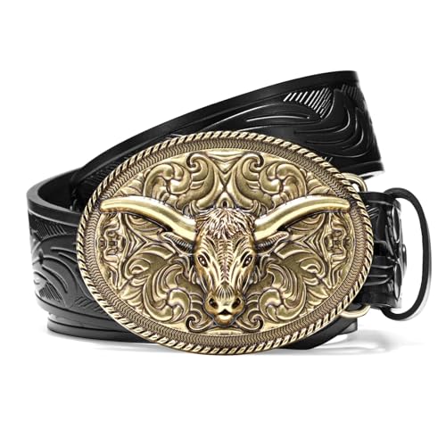 Image of SANSTHS Western Cowboy Belts for Men Women, Mens Western Belt Bull Buckle Country Belt Cowboy Leather Belt for Jeans