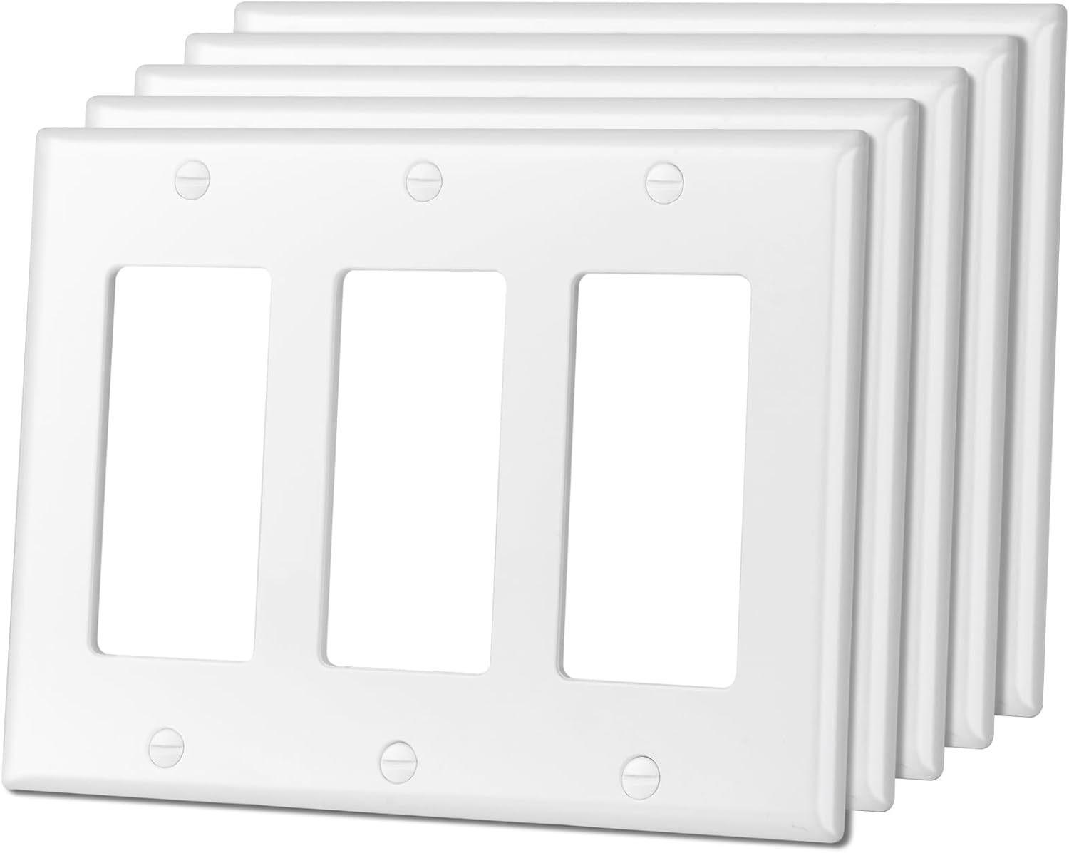 5 Pack Decorator Light Switch or Receptacle Outlet Wall Plate, Gloss Finish, Size 3-Gang 4.50" x 6.38", Polycarbonate Thermoplastic, White