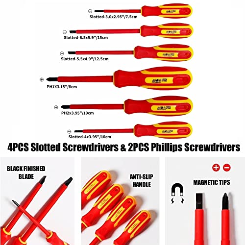 Sunplux 6-Piece 1000 Volts Insulated Screwdriver Set, Magnetic Tip Electrician Screwdriver Set, 4 Slotted And 2 Philips, With Plastic Supporter #TOP1
