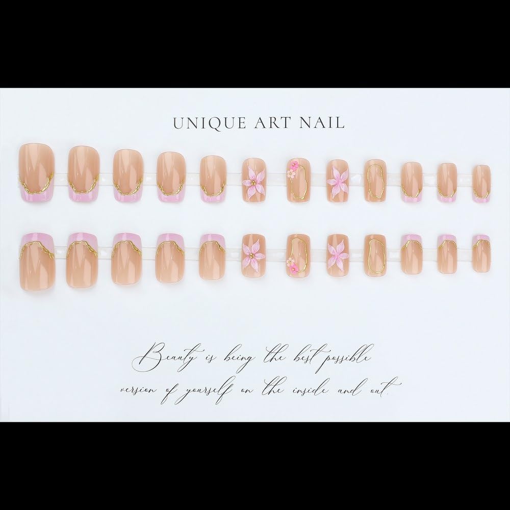 Medium Square 3D Pink Floral Gold Line French Tips Press On Nails image 3