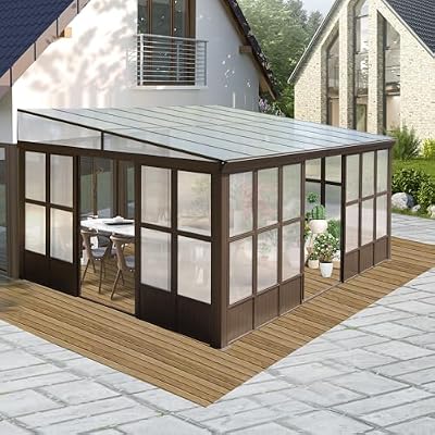 SHPAI 12x16FT Wall Mounted Sunroom, Outdoor Permanent Lean-to Solarium with Detachable Polycarbonate Roof, 2 Lockable Sliding Doors, Aluminum Gazebo Against The Wall Sun Room for Garden Patio Deck