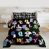 Homemissing Bunte Cartoon Buchstaben Kinder Bettdecke 200x200cm ABC-Alphabet Steppbett Bildung 4-Jahreszeiten Bettdecke für Kinder Steppdecke mit 2 Kissenbezüge Süße Tiere Winter Sommer Bettdecke