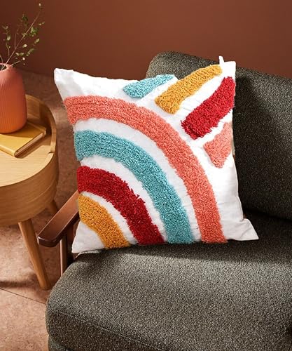 Image of Tarantaran Tufted Decorative Throw Pillow Cover, Blue and White Geometric Pattern with Tassels, 40.6 x 40.6 cm, Modern Square Pack of 2 (Rainbow)