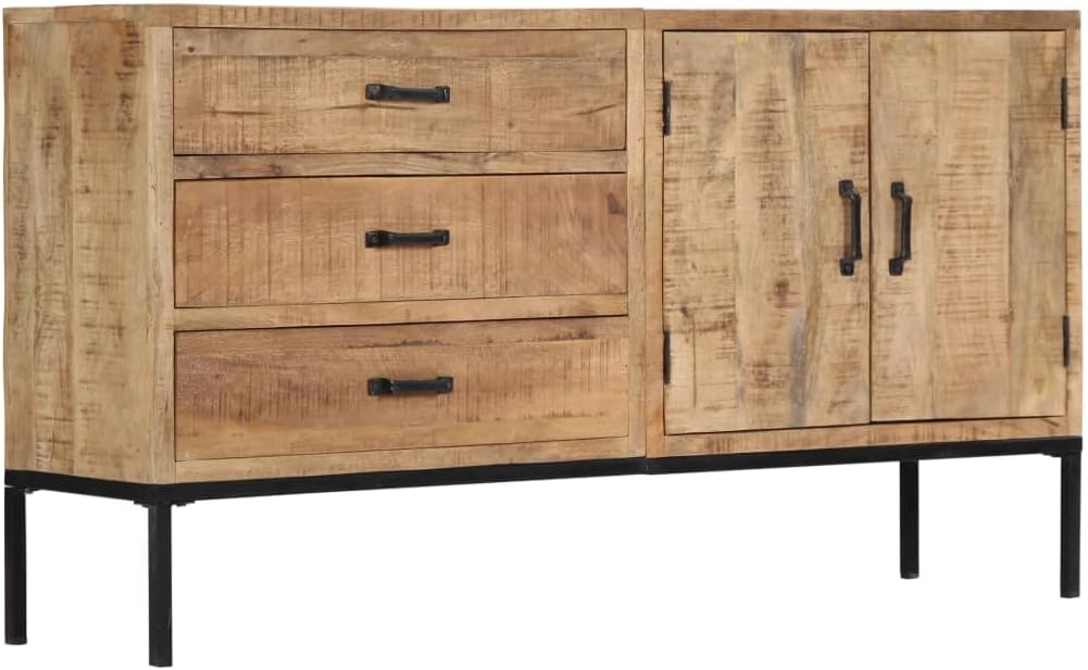 Solid Mango Wood Sideboard with 3 Drawers and 2 Cabinets, Rustic Brown Medium Storage Furniture for Dining Room and Living Area, Durable Construction and Spacious Organization