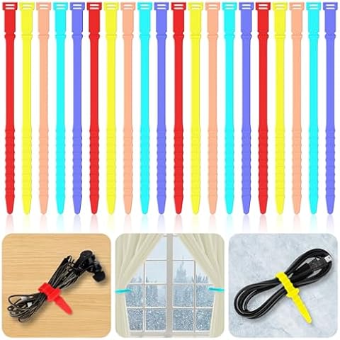 Silicone Zip Ties, 7" Reusable Zip Ties, 20pcs Rubber Cable Ties Straps for Wire Management, Elastic Cable Organizer for Home Office Table Desk Cord Ties(18cm, 20pcs, Red, Yellow, Blue, Green, Orange) Cover