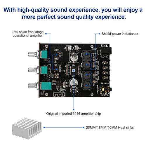 Image of ZK-502T Power Amp Bluetooth 5.0 Audio Amplifiers Board 2.0 Channel 50W+50W AUX BT DC12-24V Mini Stereo Amplifier Module with Treble and Bass for DIY Home Speakers