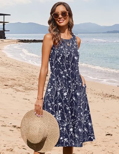 Image of HOTOUCH Summer Casual Dresses for Women Sleeveless Midi Dress Swing Tank Sundress Pleated Tshirt Dress with Pockets