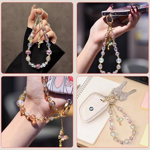 MXHLXRMP Beaded Wristband With Crystal Bow Pendant - Cute Phone, Keychain, And Camera Wristband, Versatile Decoration For Phone Cases And Bags (Butterfly Pink) — view 3